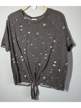 Luna Womens Small Dark Gray Distressed Holey Tie Front Top Grunge Punk Streetwea